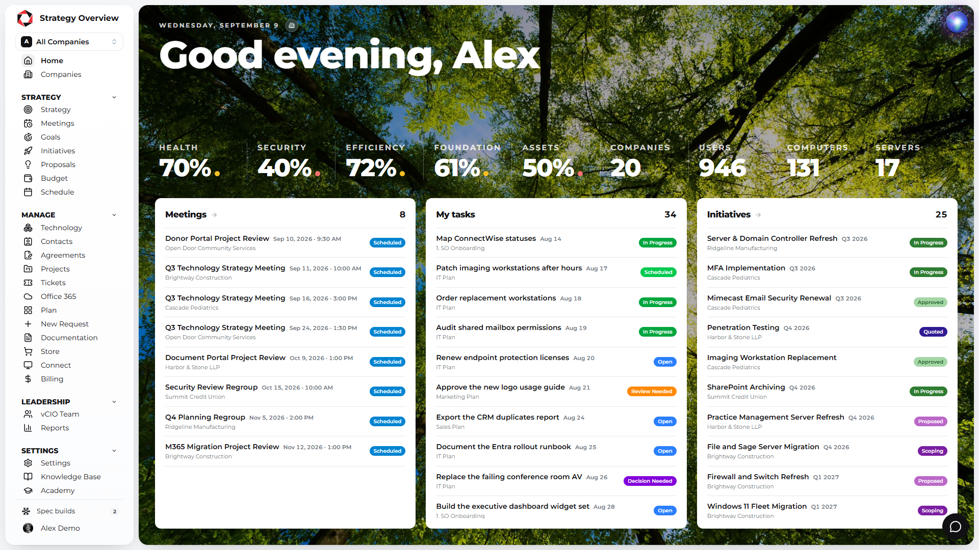 Strategy Overview home dashboard across all clients