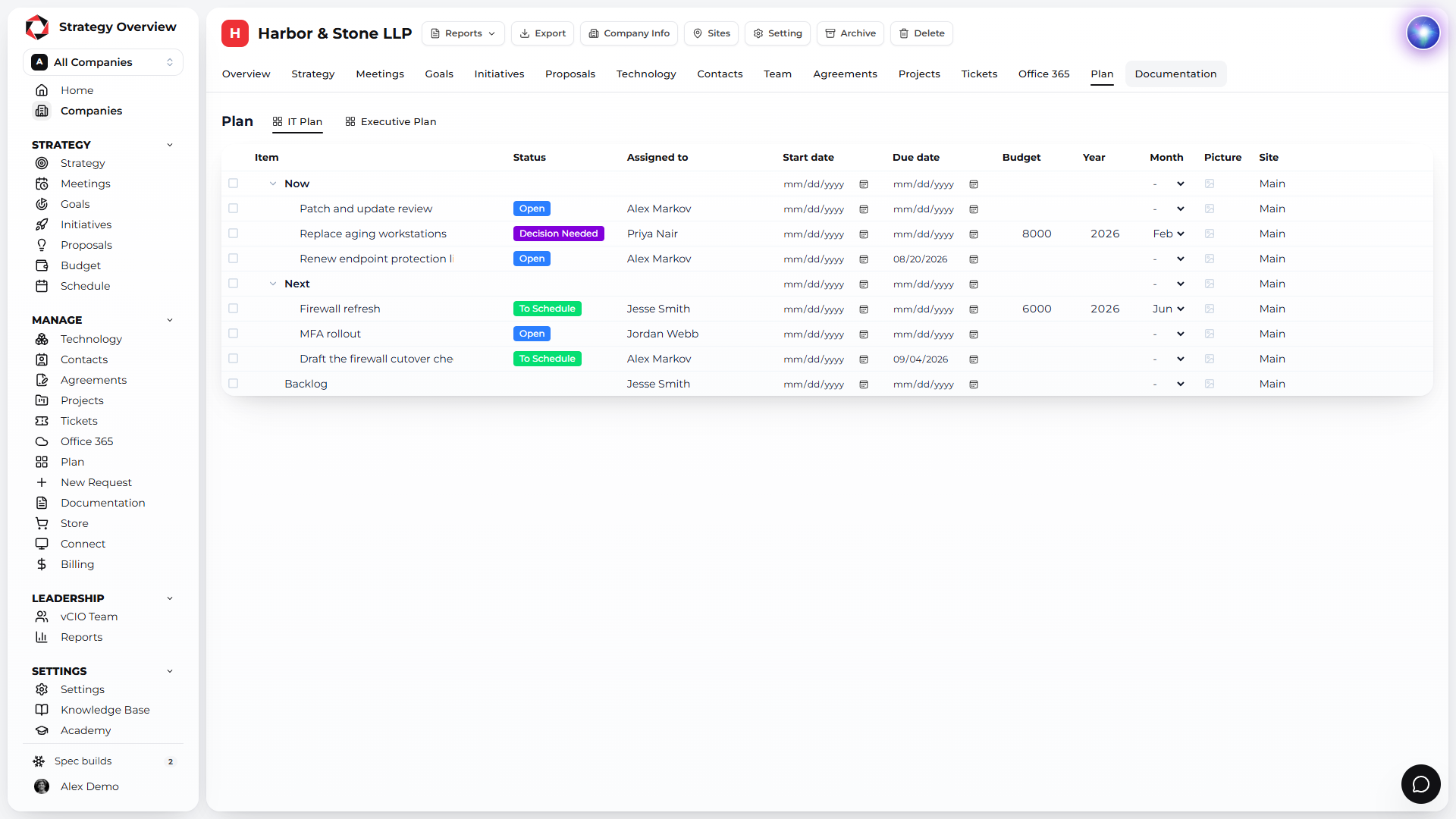Client IT plan with owners and dates