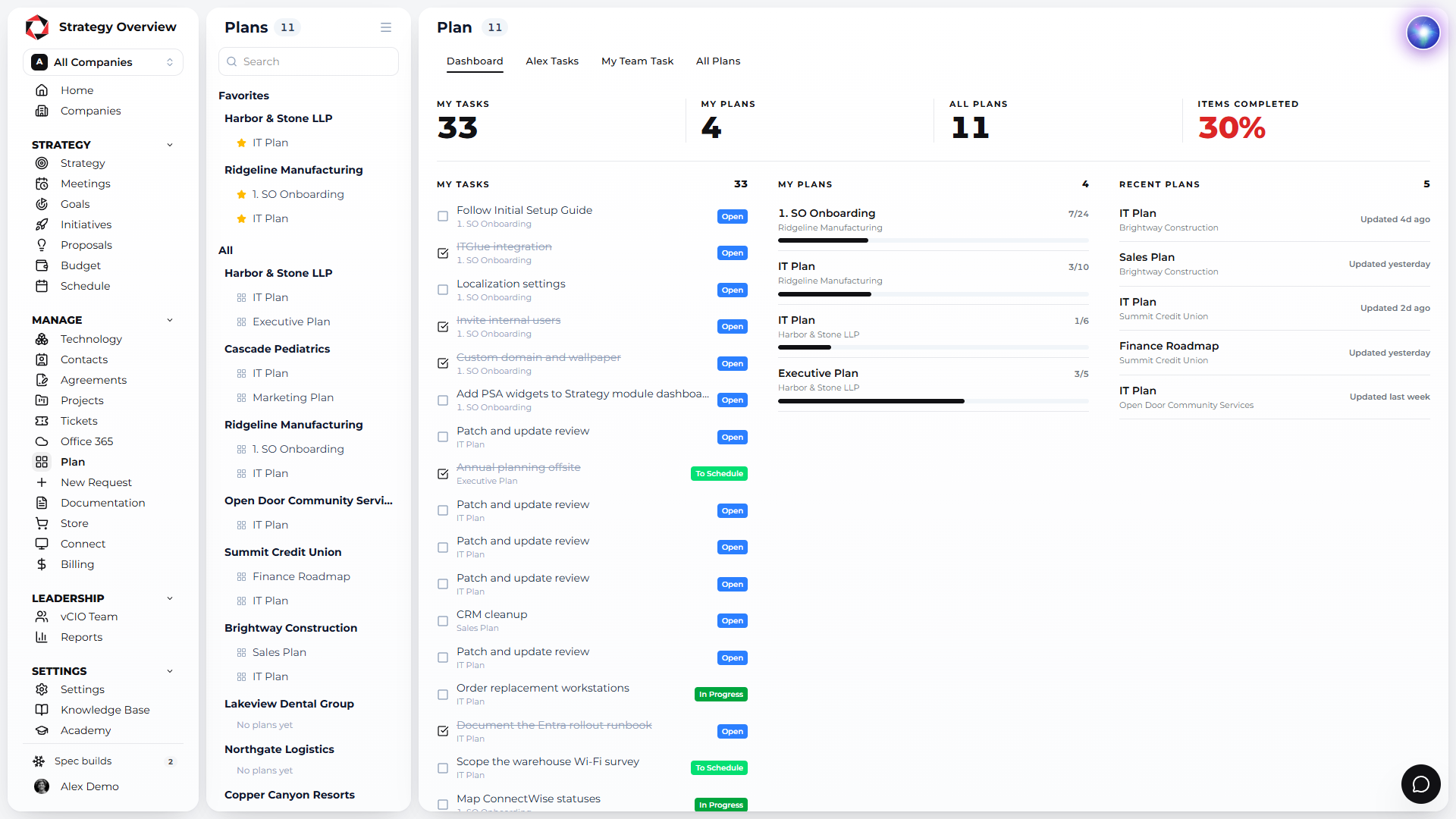 Plan module dashboard with tasks and plans