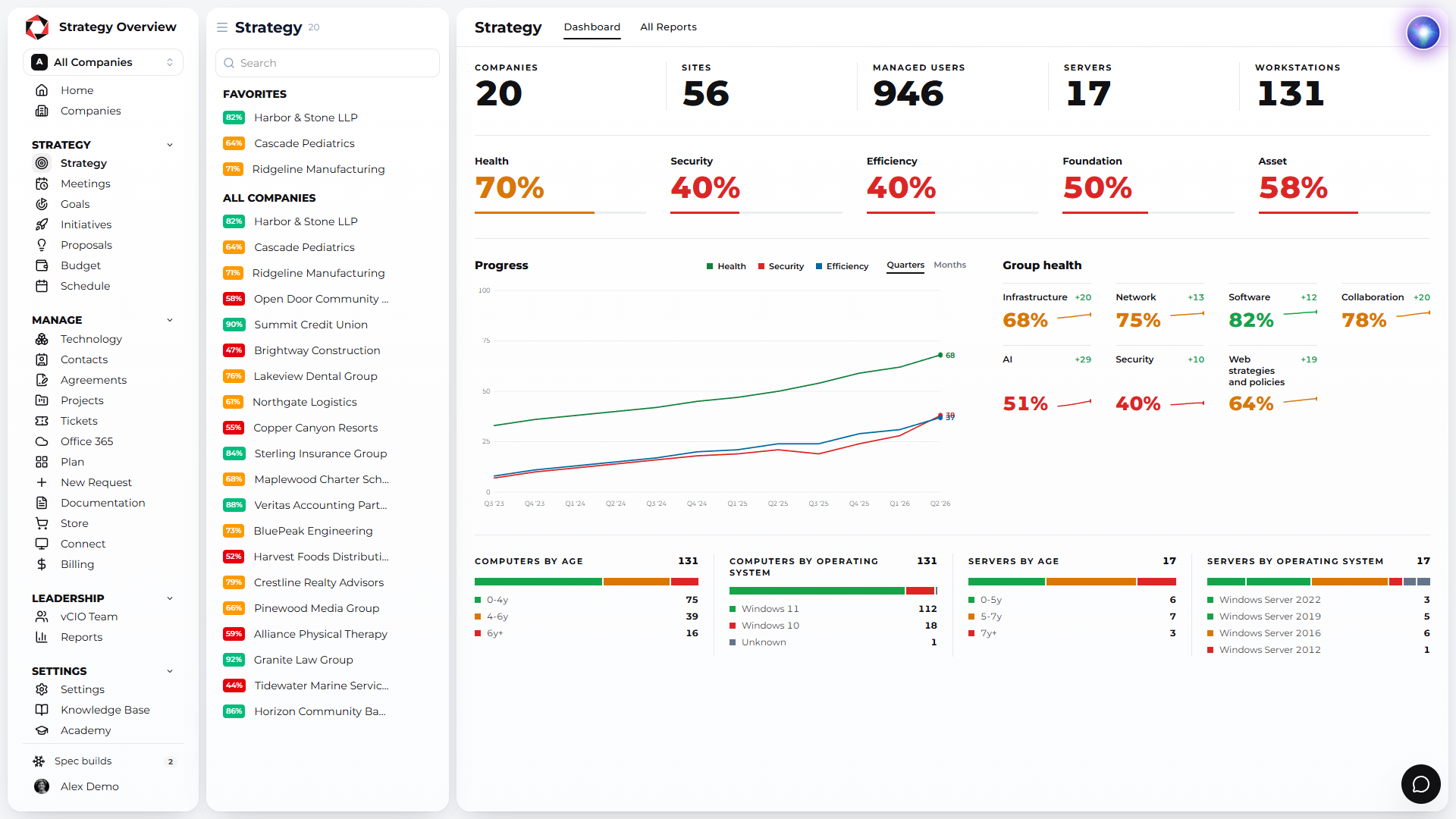 Strategy dashboard: health, security and efficiency across every client